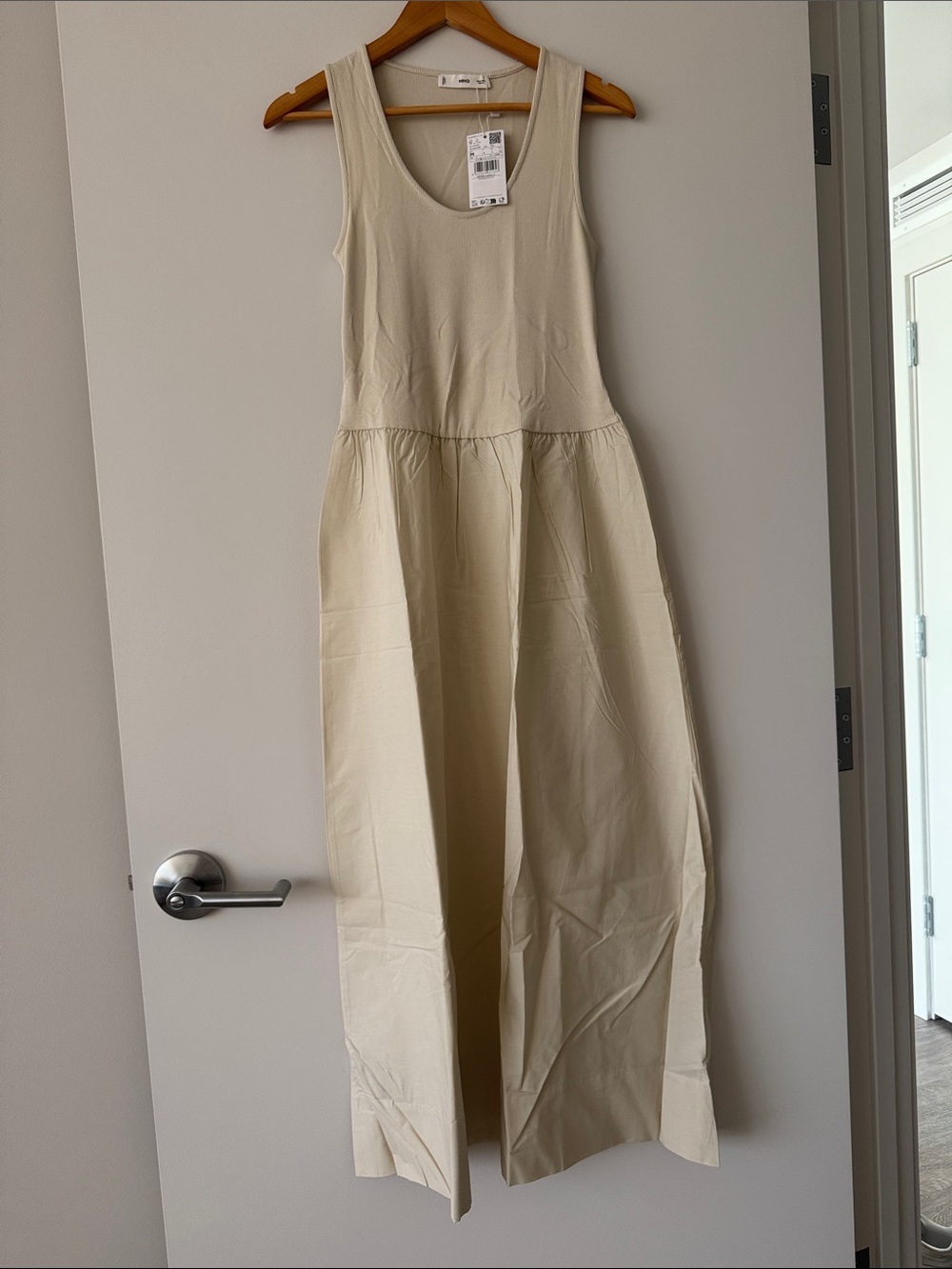 Mango Cream Sleeveless Gathered Waist Midi Dress
